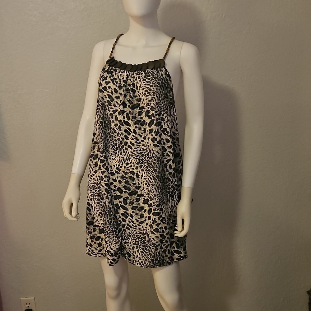 Vtg UMGEE Leopard Print Beaded Bubble Hem Festival Mini Slip Dress - Picture 3 of 12